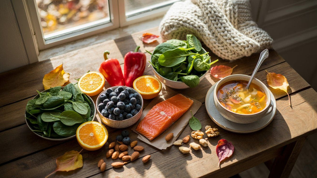 A spread of fresh fruit, vegetables and nuts, with a salmon fillet and homemade soup in front of a window