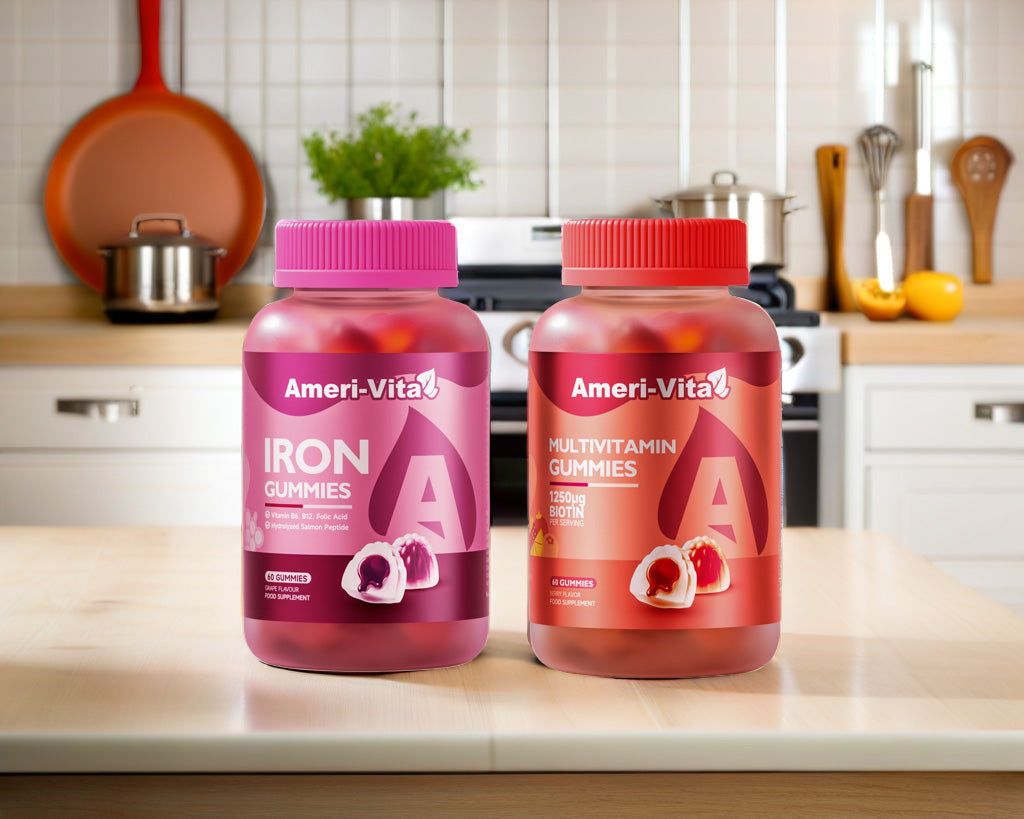 2 bottles of Ameri-Vita supplements on a kitchen surface