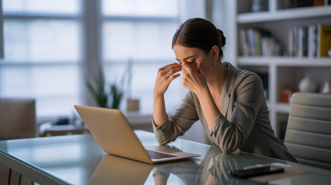 a tired looking woman in an office environment sitting at a laptop on a desk and rubbing her eyes
