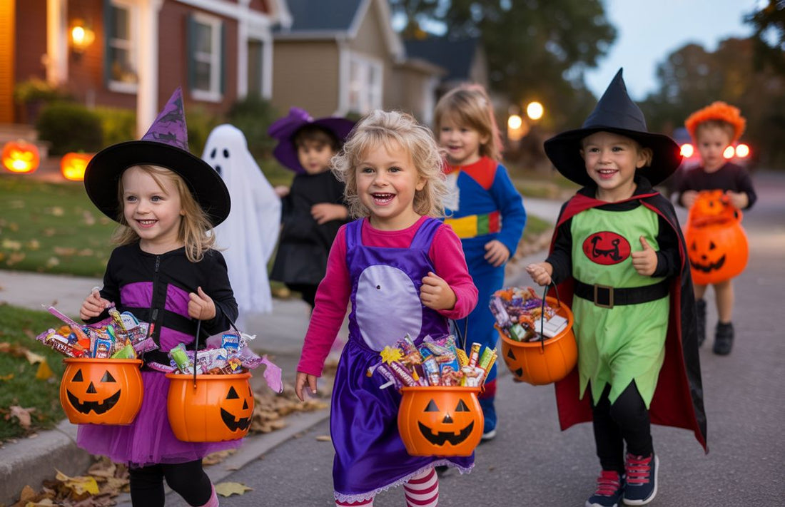 A group of happy children in Halloween outfits running down the street with baskets of sweets
